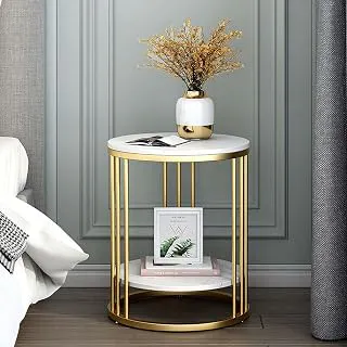 Round End Table with Metal Gold Frame & Marble Finish Shelves – 2 Tier Side Table, Modern Coffee Table, Bedside Nightstand for Living Room, Bedroom, Balcony (White-Gold, 40cm)