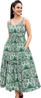 ChaukasWomen's Rayon Printed Maxi Dress, Sleeveless A-Line Flared Long Dress with Pockets, Casual Summer Beach Vacation Wear