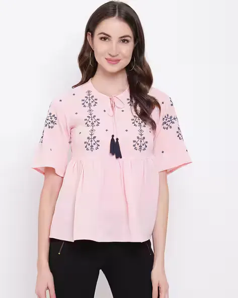 Round-Neck Top with Placement Embroidery