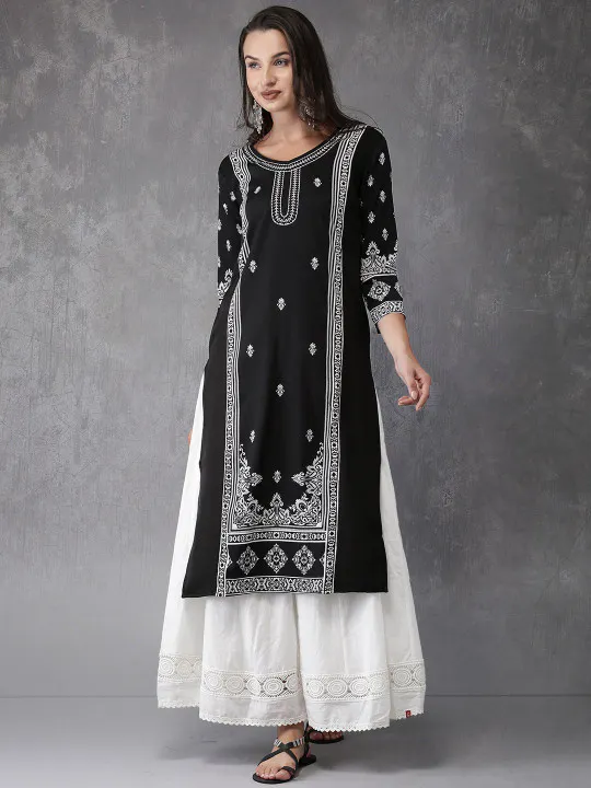 Anouk Women Black & White Printed Straight Kurta