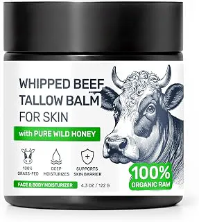 Beef Tallow for Skin – Grass Fed Face Moisturizer & Whipped Body Balm - Honey & Beeswax – Vitamin A, D, E, K Rich Cream – Fragrance Free & Non-Comedogenic Dry Sensetive Skincare - 100GM Moisturizing