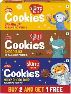 Slurrp Farm Choco Ragi, Banana Oat & Milky Choco Chip Multigrain Cookies | Buy2Get1 Free | Super Saver Pack | Tasty Cookies for Kids| Perfect for tiffins, travel or snack time | Pack of 3 x 80g