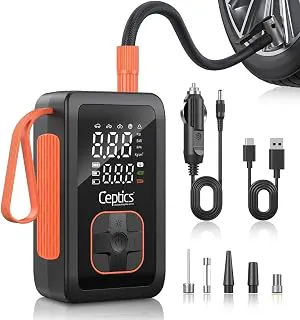 Ceptics Tyre Inflator for Car and Bike, Car Compressor Air Pump, 3600 mAh Battery, 2X Faster Inflation, Dual Mode (Battery & 12V Socket), 150PSI Air Compressor for Cars, Bikes, Motorcycles, Balls
