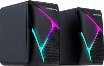 amazon basics 2 X 3W Multimedia PC Gaming Speaker with Aux Connectivity, USB Support, Volume Control, and RGB Lights