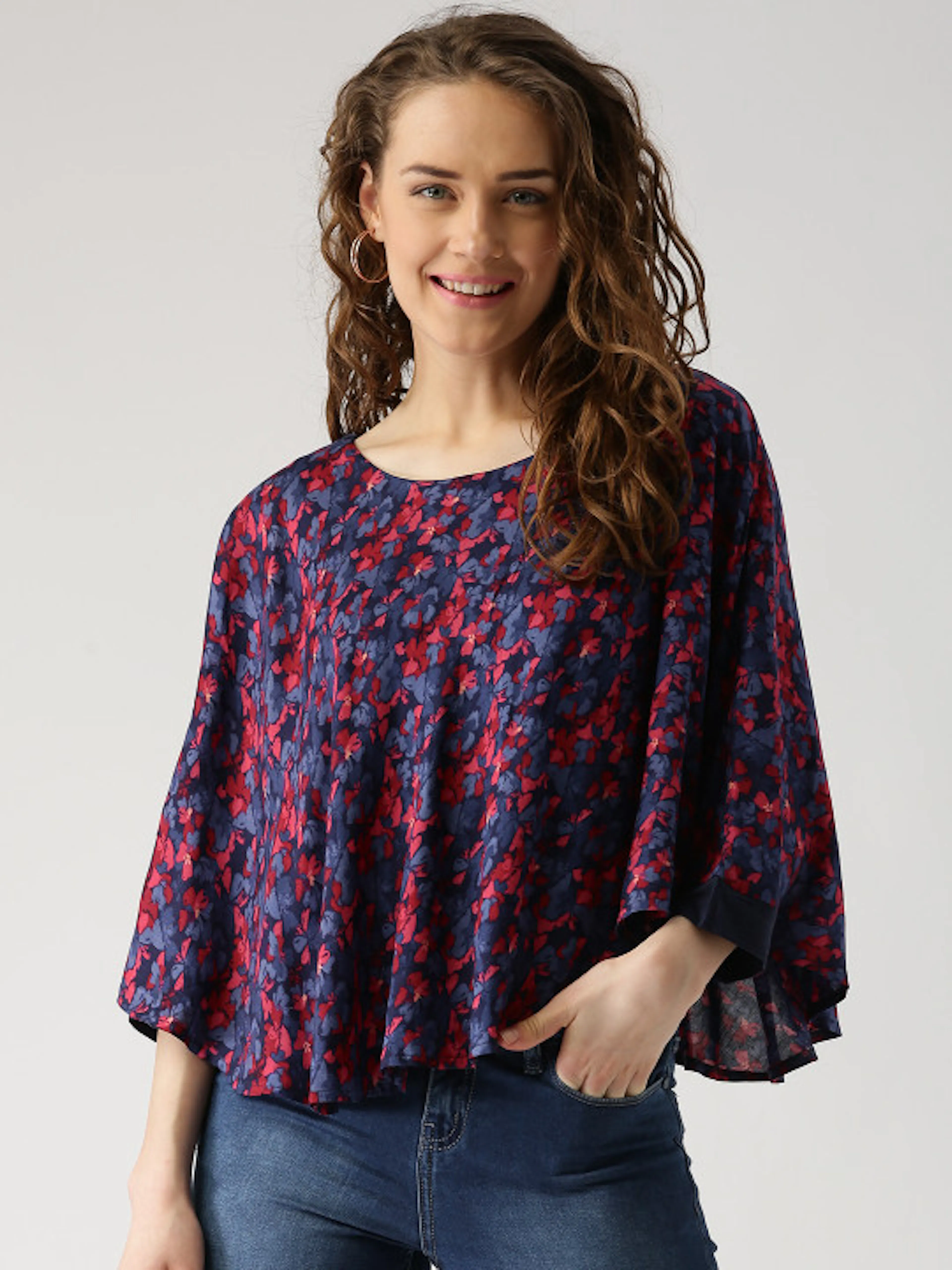 Marie Claire Women Blue & Red Floral Print Cape Top