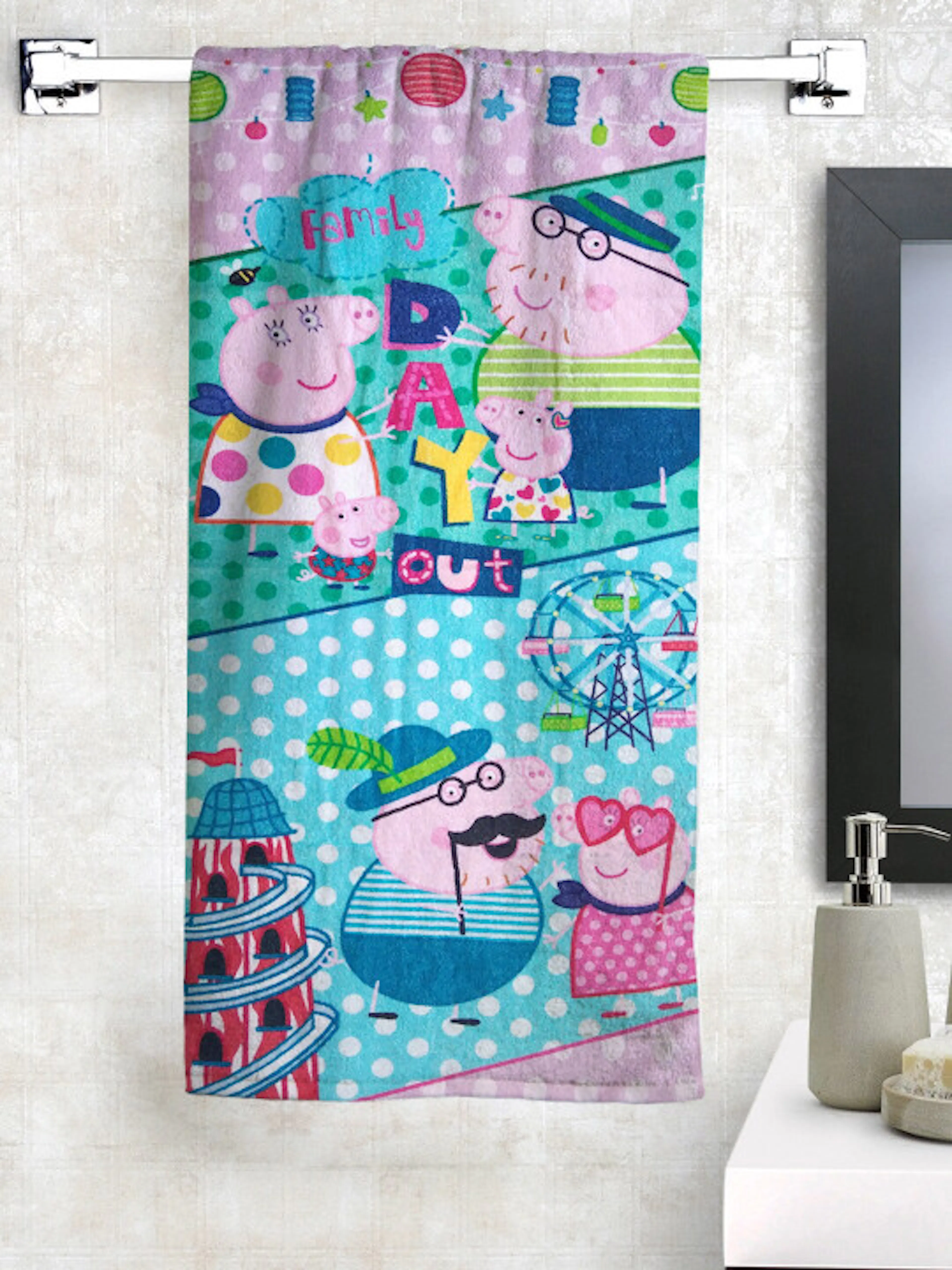Athom Trendz Pink & Blue Peppa Pig Day Out Printed 350 GSM Cotton Bath Towels