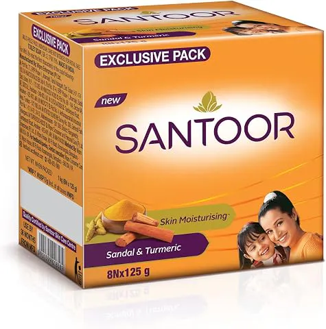 Santoor Skin Moisturizing Sandal & Turmeric Bathing Soap with Nourishing & Anti-Aging Properties| For Soft & Smooth and Younger-Looking Skin| For All Skin Types| Pack of 8, 125g Cleansing