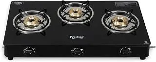 Prestige Iris Plus 3 Burner Auto Ignition Gas Stove | Toughened Glass Top | Tri-Pin Brass Burners | Ergonomic Knob | Black | 2Y Warranty | ISI Certified