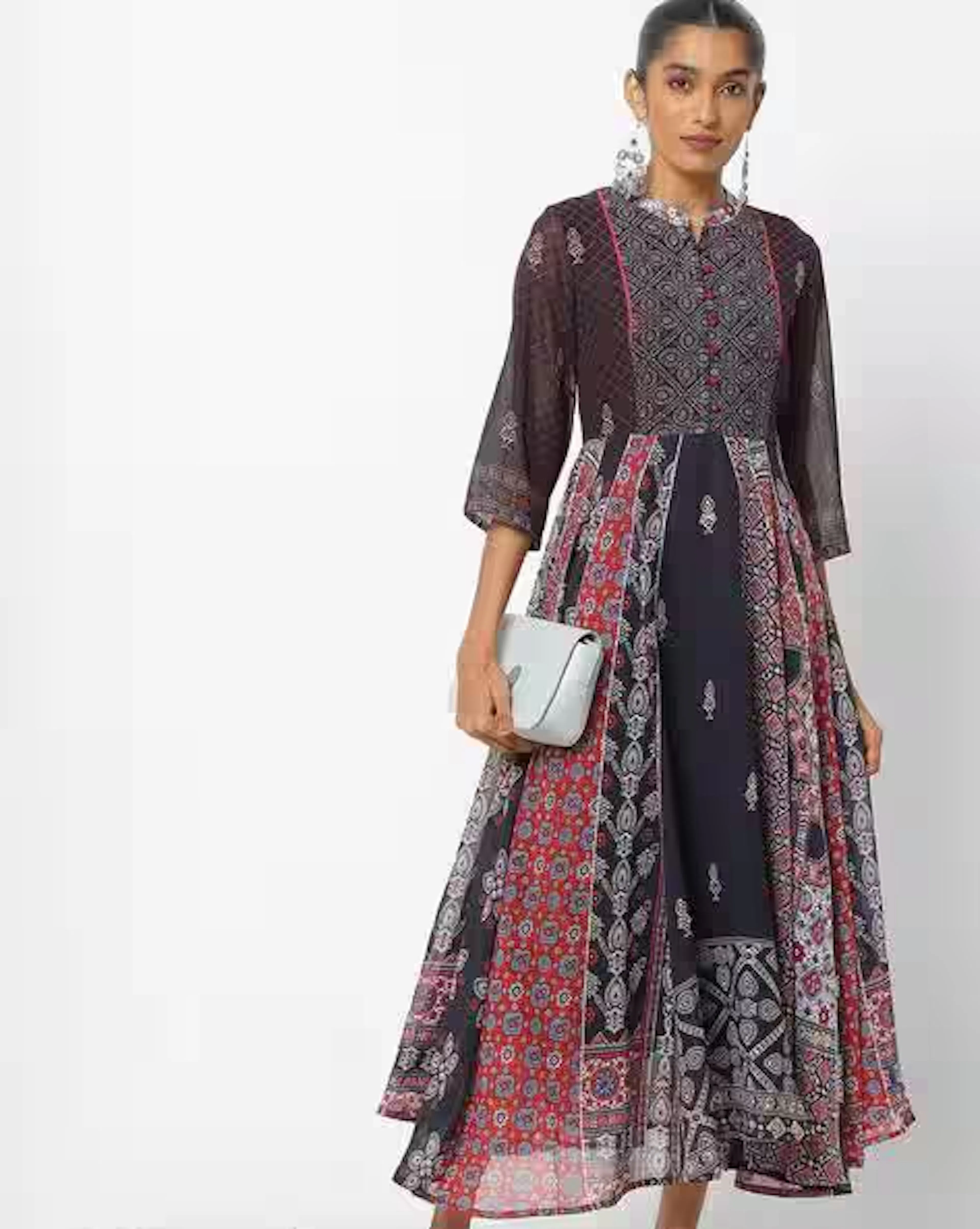 Mandarin Collar Printed A-line Dress