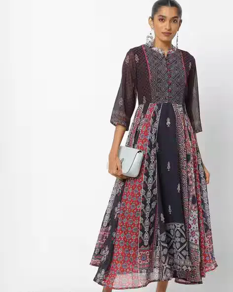 Mandarin Collar Printed A-line Dress