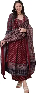 KLOSIAWomen's Rayon Printed Anarkali Kurta and Pant with Dupatta Set