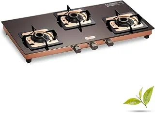 Urban Chef Gas Stove 3 Burners Glass Top | ISI Certified 3 Burner Stoves | Home & Kitchen Gas Chulha LPG & PNG Compatible | Brass Burner Manual Ignition Cooktops | Gas Stove, 360° Nozzle-Rose Gold PVD