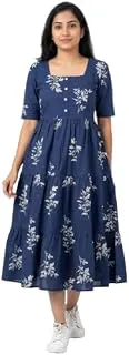 Women's Cotton Floral Leaf Print Tiered Midi Dress – Square Neck, Short Sleeve A-Line Smock Dress for Casual Summer & Vacation Wear