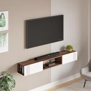 BLUEWUD Darien Engineering Wood Wall Mount TV Entertainment Unit Set Top Box Stand/TV Cabinet Panel with Shelves for Books & Décor Display Unit Bed Living Room Upto 60 Inches (Brown Maple & White)