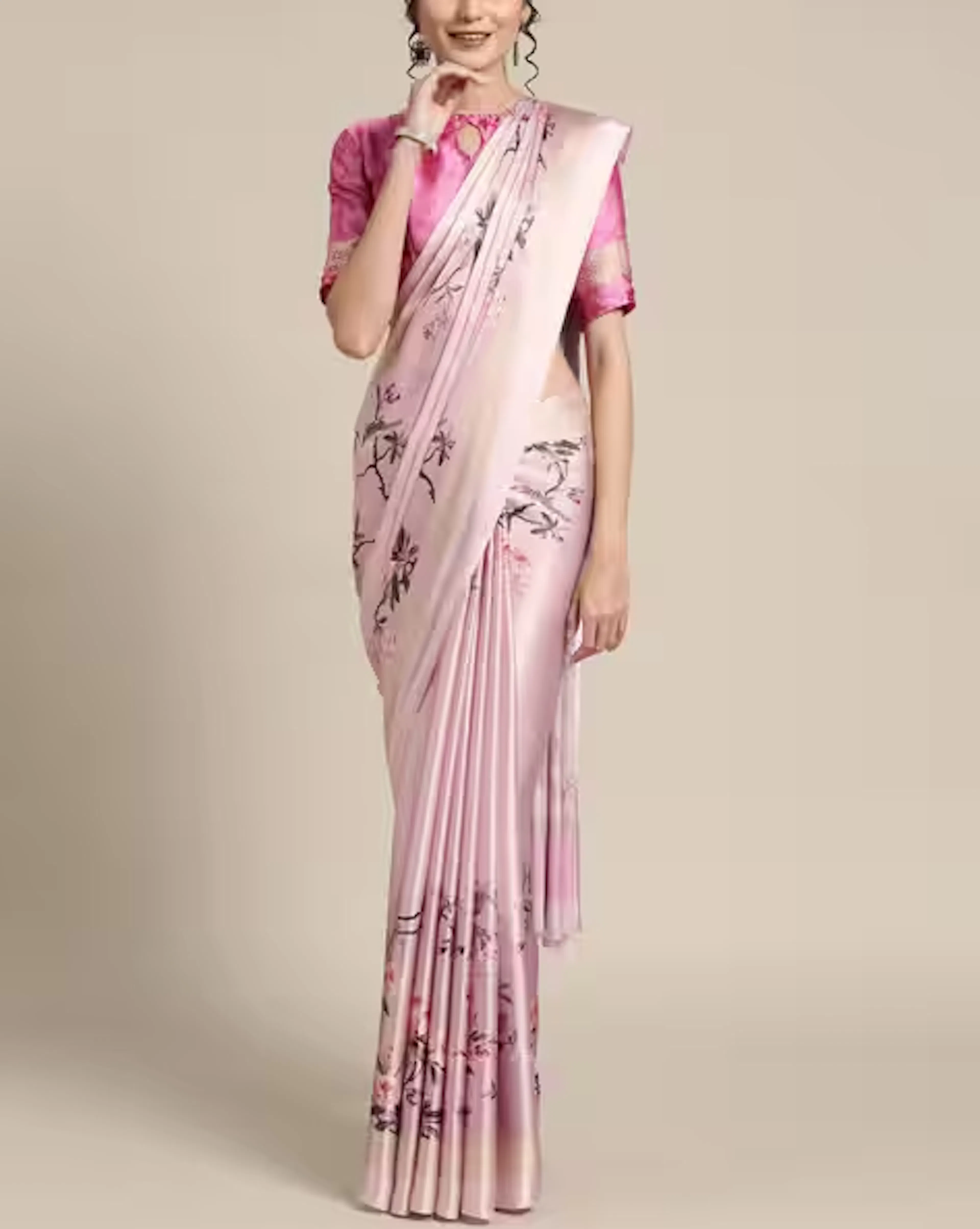 Saree Mall Light Pink Casual Satin Crepe Digital Print Saree
