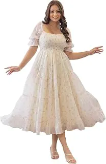 KZULLY| Dress for Women | Midi Length | Flared Hem | Puff Sleeve | Square Neck | Smocked Bodice