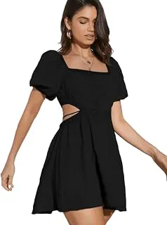 AahwanWomen's & Girl's Fit and Flare Black Solid Summer Beach Square Neck Puff Sleeve Cut Out Waist Mini Dress