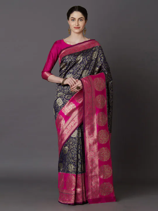 Mitera Blue & Magenta Silk Blend Woven Design Kanjeevaram Saree