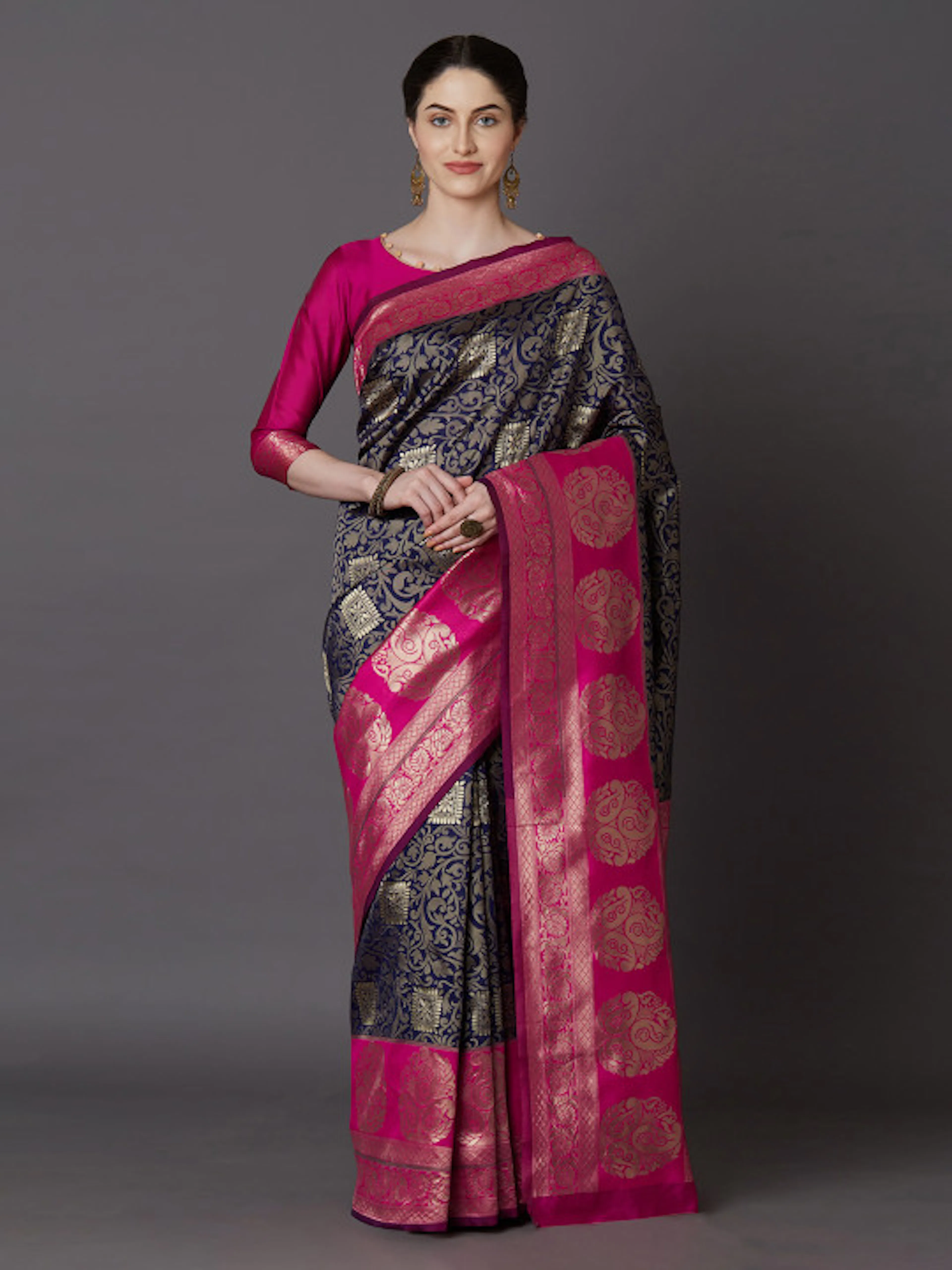 Mitera Blue & Magenta Silk Blend Woven Design Kanjeevaram Saree