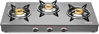 Sujata Standard Gas Stove 3 Burners | 9 Years Warranty | 3 Burner Gas Stove Glass Top, Stove 3 Burner, ISI Certified, SABAF Valve with LPG & PNG Compatible, 360° Nozzle, 8mm Thick Glass (Black)