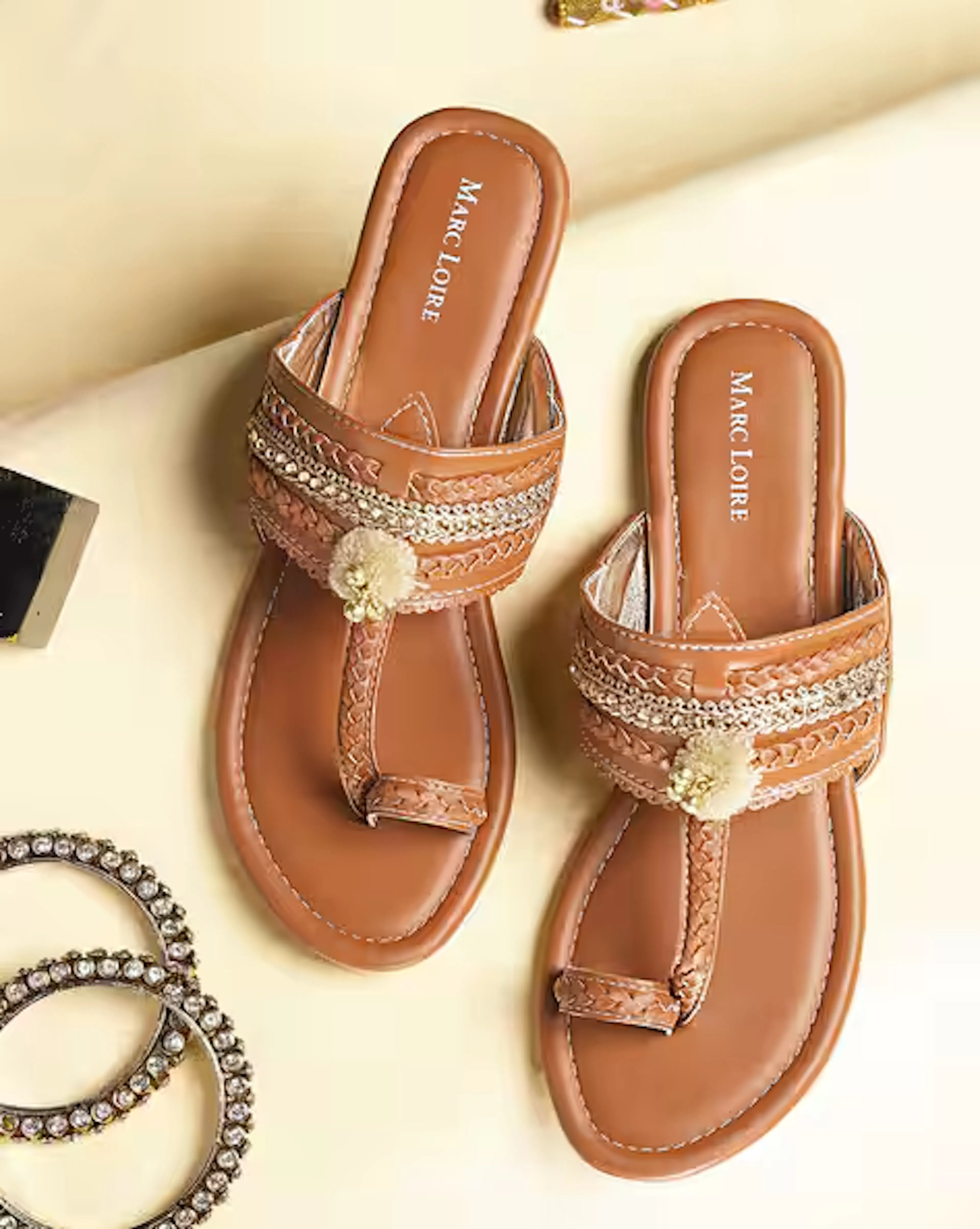 Embellished T-strap Flat Sandals with Toe-Ring