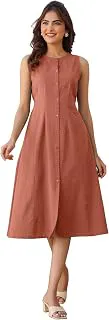 JanasyaWomen's Rust Linen Cotton Solid A-line Dress