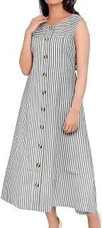 GenericStriped Cotton Button-Down Sleeveless Maxi Midi Dress, Grey and White, Casual Wear