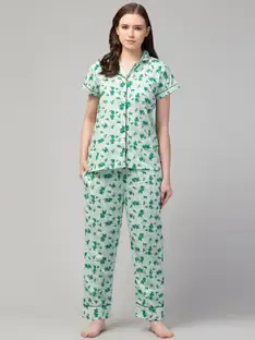 fasiondreamsera Women Printed Green Shirt & Pyjama set