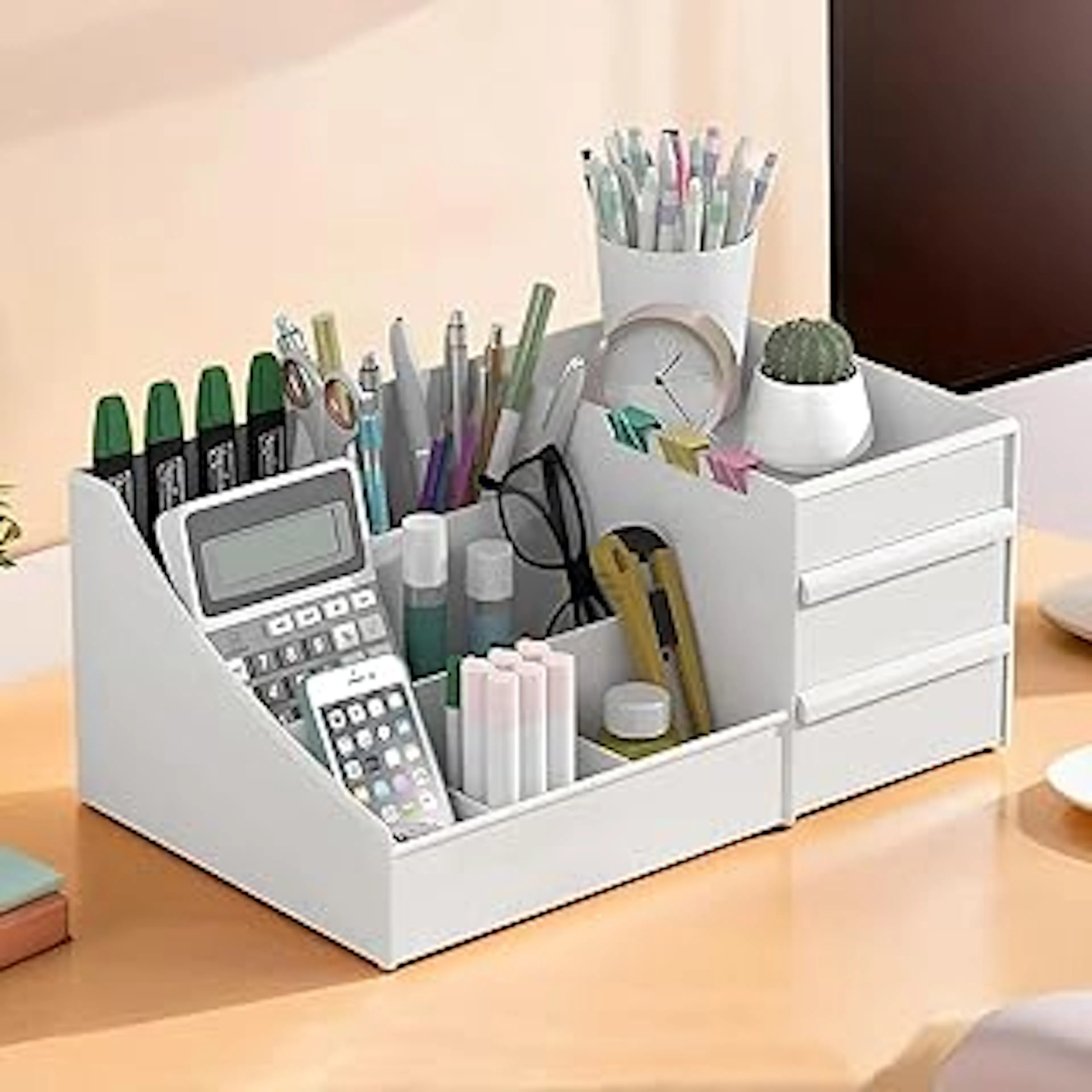 Kuber Industries Plastic 8 Compartments Professional Stationary Oragnizers for Desk & Pen Holder for Study Table | Pencil Box with Drawers for Students | White