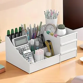 Kuber Industries Plastic 8 Compartments Professional Stationary Oragnizers for Desk & Pen Holder for Study Table | Pencil Box with Drawers for Students | White