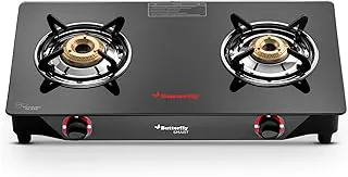 Butterfly Smart 2 Burner Glass Top Gas Stove | Manual Ignition | Scratch Resistant Toughened Glass | Brass Burners | Skid-proof Legs | 1 Year Manufacturer's Warranty | Black