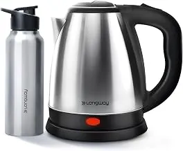 Longway Kestro 2 Ltr Electric Kettle with Water Bottle Combo | Automatic Shut-Off | Durable Stainless Steel Body For Boiling | 2 Years Warranty (2, litres)