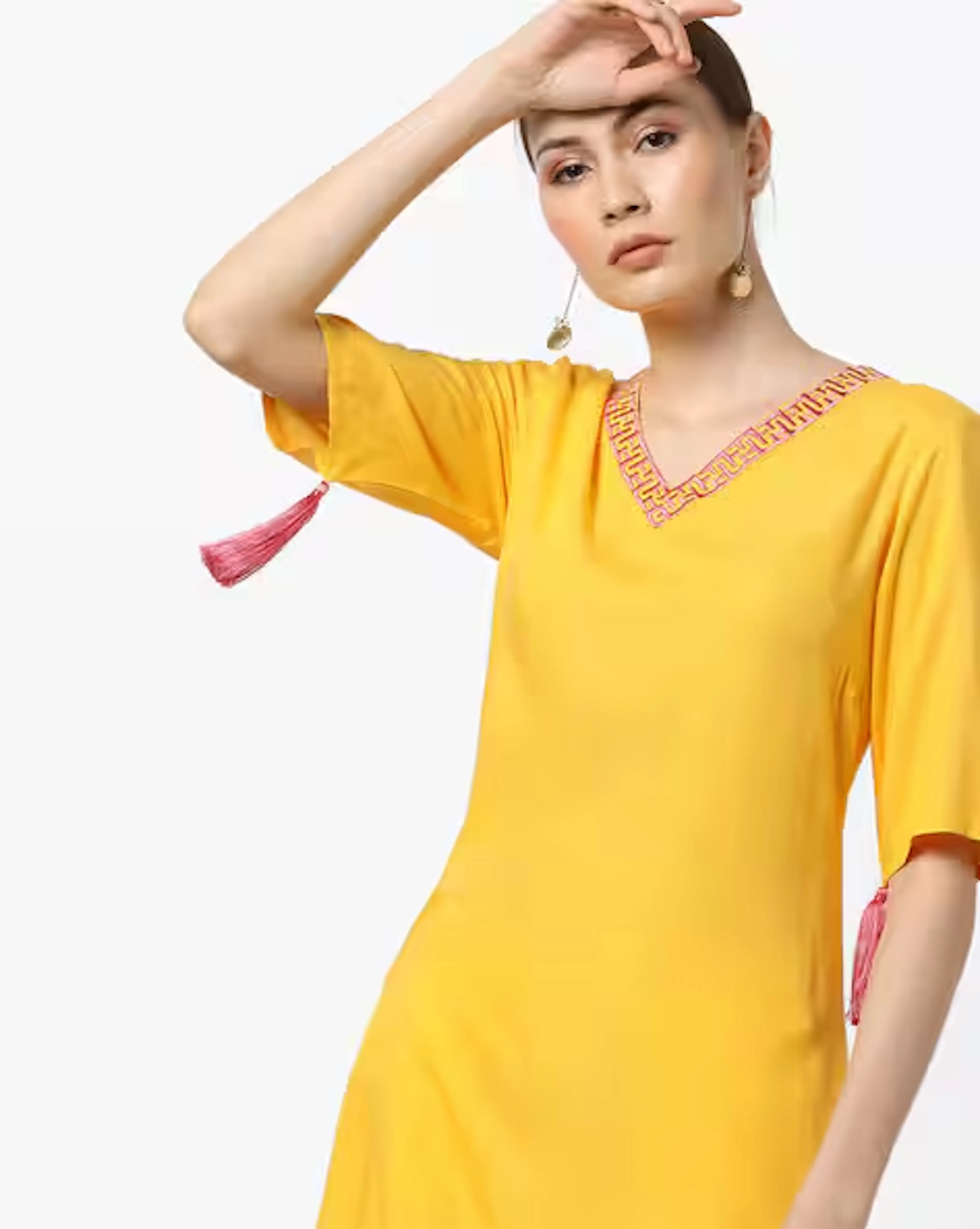 Embroidered V-neck Straight Kurta with Tassels