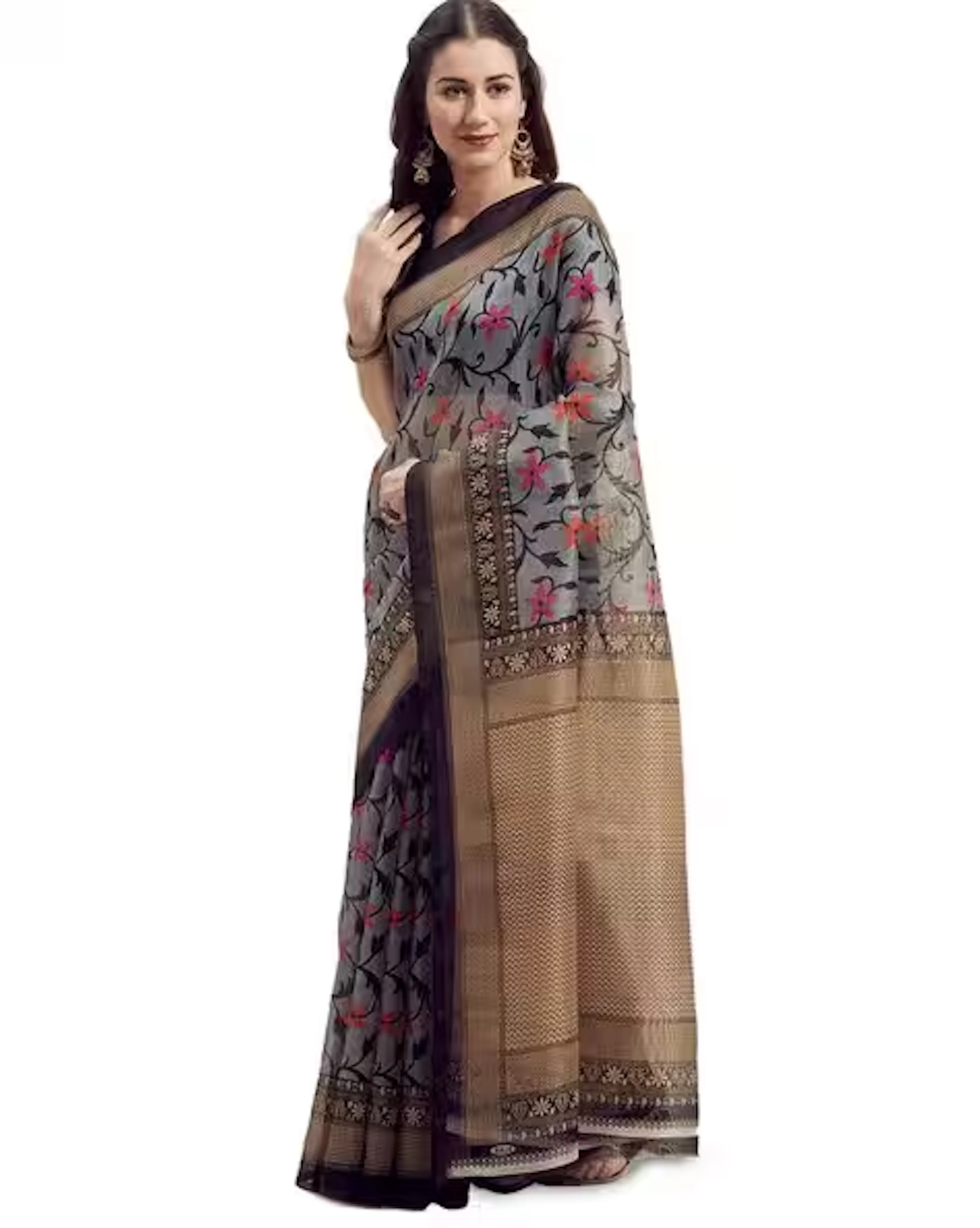 Floral Print Sheer Through Saree