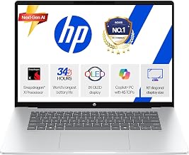 HP Smartchoice Omnibook 5 OLED (Previously Pavilion), Snapdragon X Processor 45 Tops (16GB LPDDR5x,1TB SSD) 2K,16''/40.6cm, Win11, Office24, Silver, 1.59kg, fb0001QU, Multi-Day Battery AI Laptop