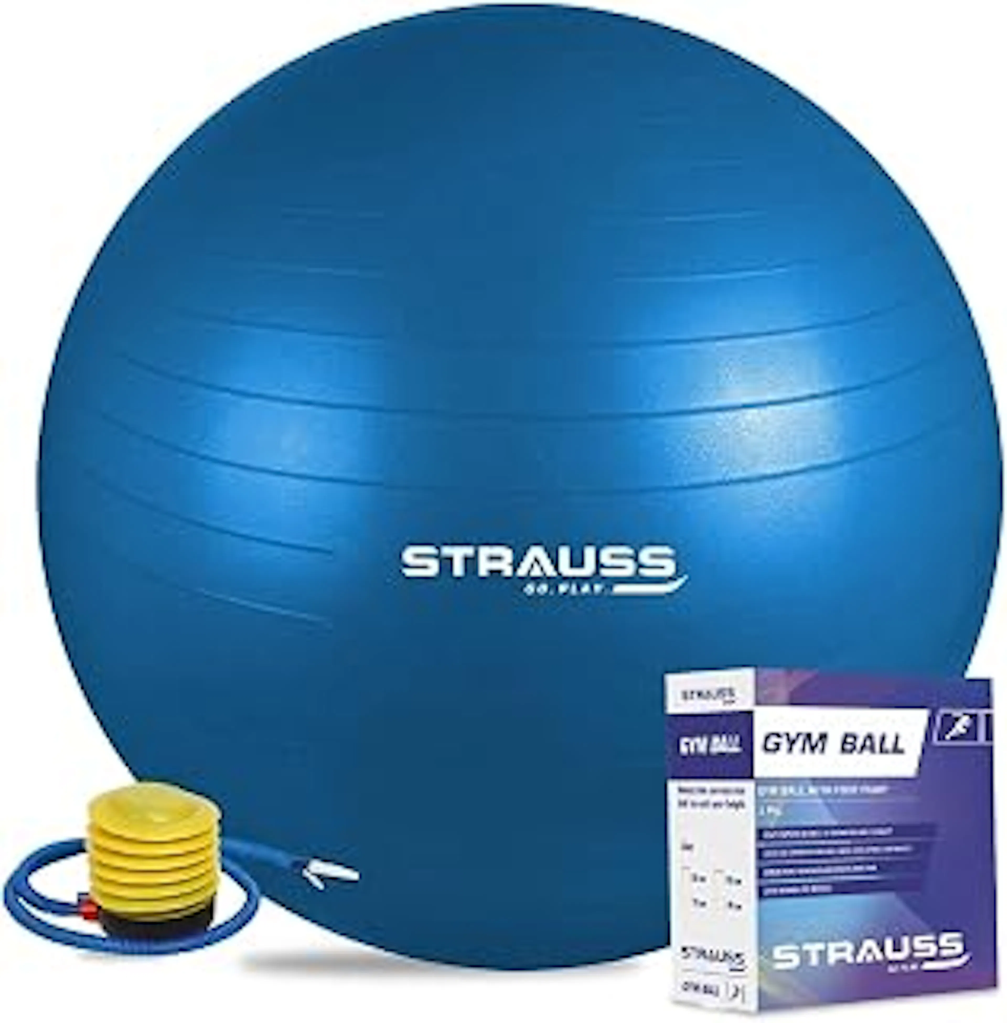 STRAUSS Anti-Burst Rubber Gym Ball with Free Foot Pump | Round Shape Swiss Ball for Exercise, Workout, Yoga, Pregnancy, Birthing, Balance & Stability, 85 cm, (Blue)