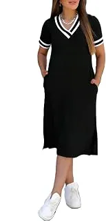 Women's V-Neck Sporty T-Shirt Dress | Stylish Striped Sleeve One Piece for Women | Casual Summer Knee Length Short Dress | Trendy Beach & Resort Wear Western Dress (26 D-1-3)