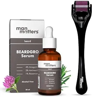 Man MattersBeardgro Oil-In-Serum 30 ml & Derma Roller with 540 Titanium Alloy Micro Needles 0.5 mm | 4% Anagain, 2% Aminexil & 1% Rosemary | Stimulates Hair Follicles | Solves Uneven & Patchy Beard | Safe & Effective