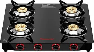 Butterfly Smart 4 Burner Glass Top Gas Stove | Manual Ignition | Scratch Resistant Toughened Glass | Brass Burners | Skid-proof Legs | 1 Year Manufacturer's Warranty | Black