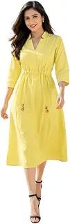DSK StudioWomen's Pure Cotton Solid Yellow A-Line Midi Dress