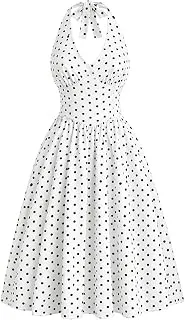 AahwanPolka Dots Halter Long Dress Backless A Line Flared Vintage Party Club Dresses for Women's & Girl's