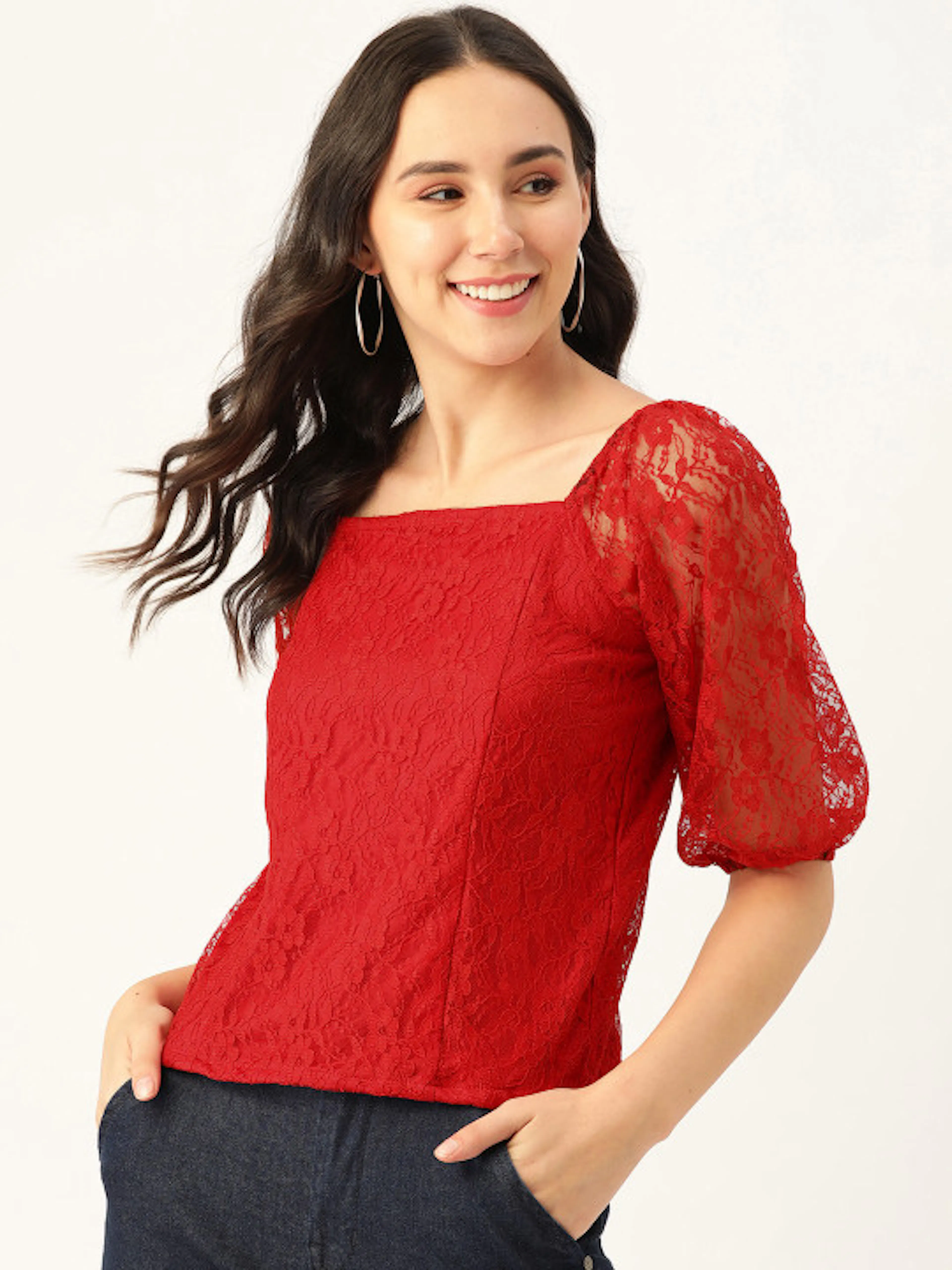 DressBerry Women Red Floral Self-Design Smocked Lace Top