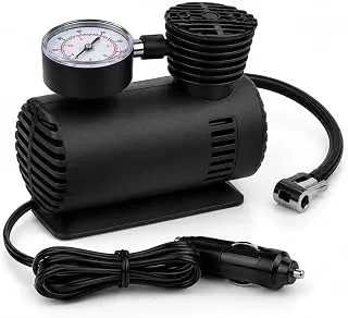 Portable Car Tyre Inflator Air Compressor Pump, 12V DC Heavy Duty Air Pump with Pressure Gauge, Fast Tyre Inflation for Car, Bike, Motorcycle, Bicycle & Sports Equipment, Black