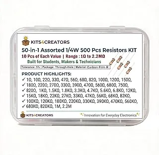 KITS4CRETORS 500 Pcs Assorted Resistors Kit, 50 Values, 1Ω to 2.2MΩ, 5% Tolerance, 0.25W Carbon Film Resistors, Mixed Assortment for DIY Electronics