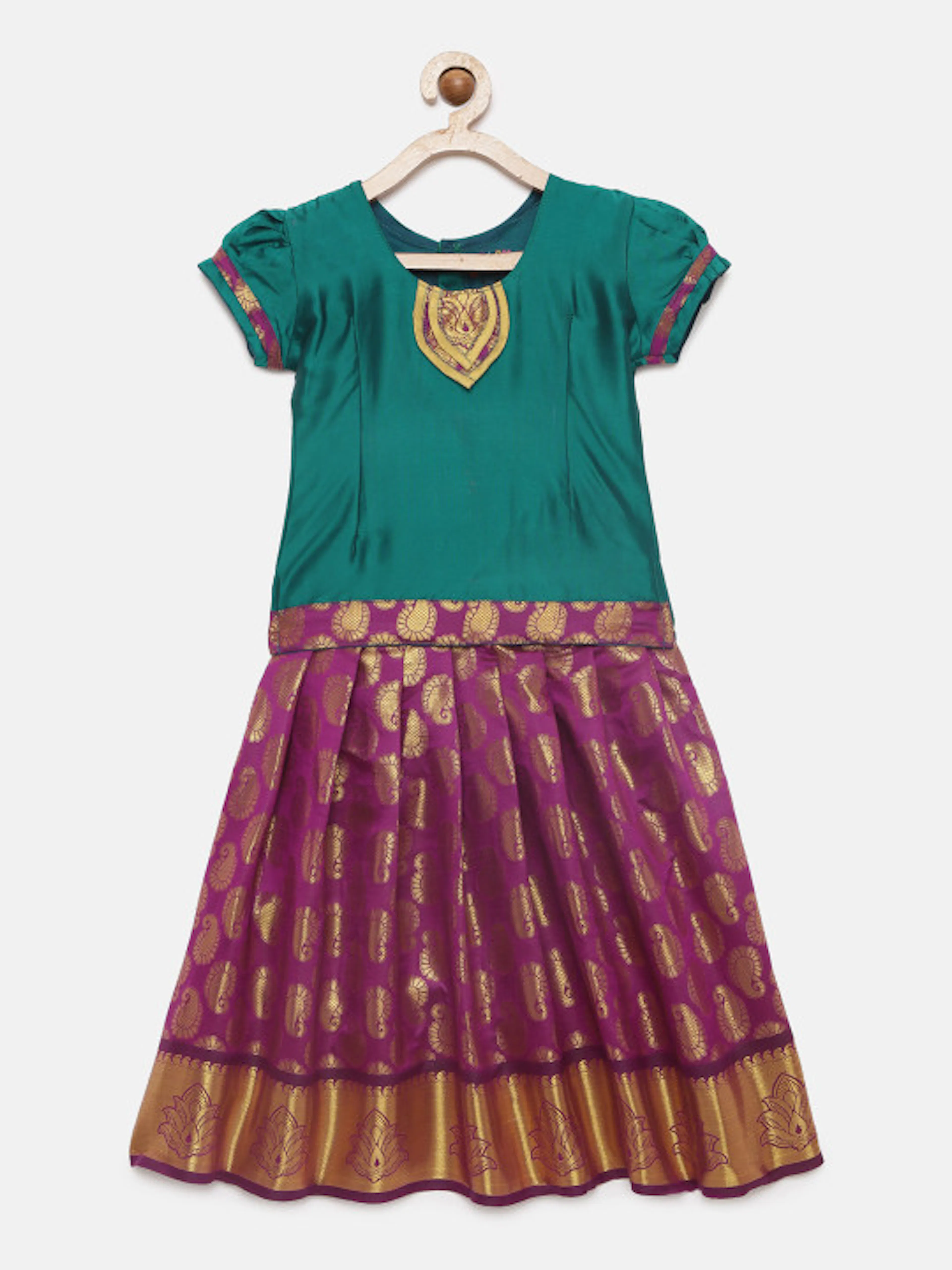 Baby Lakshmi Girls Teal Blue & Pink Ready to Wear Pattu Pavadai