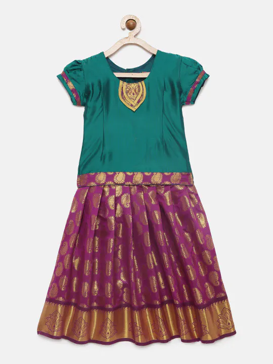 Baby Lakshmi Girls Teal Blue & Pink Ready to Wear Pattu Pavadai