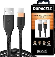 Duracell Usb-A To Type C, 65W Braided Sync&Fast Charging USB Cable, 3.9 Feet(1.2M), Qc 2.0/3.0 Ultra Fast Charging, For Samsung, Mi, Realme, Oppo, One Plus, Seamless Data Transmission, Series 1,Black
