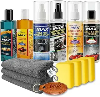 MAX Premium Car Care Kit - Basic (Pack of 6 Items of 200 ML Each, 3 Pcs Microfiber Cloth 350 GSM, 4 Pcs Foam Applicators) for Car Cleaning, Washing, Conditioning, Rubbing and Polishing