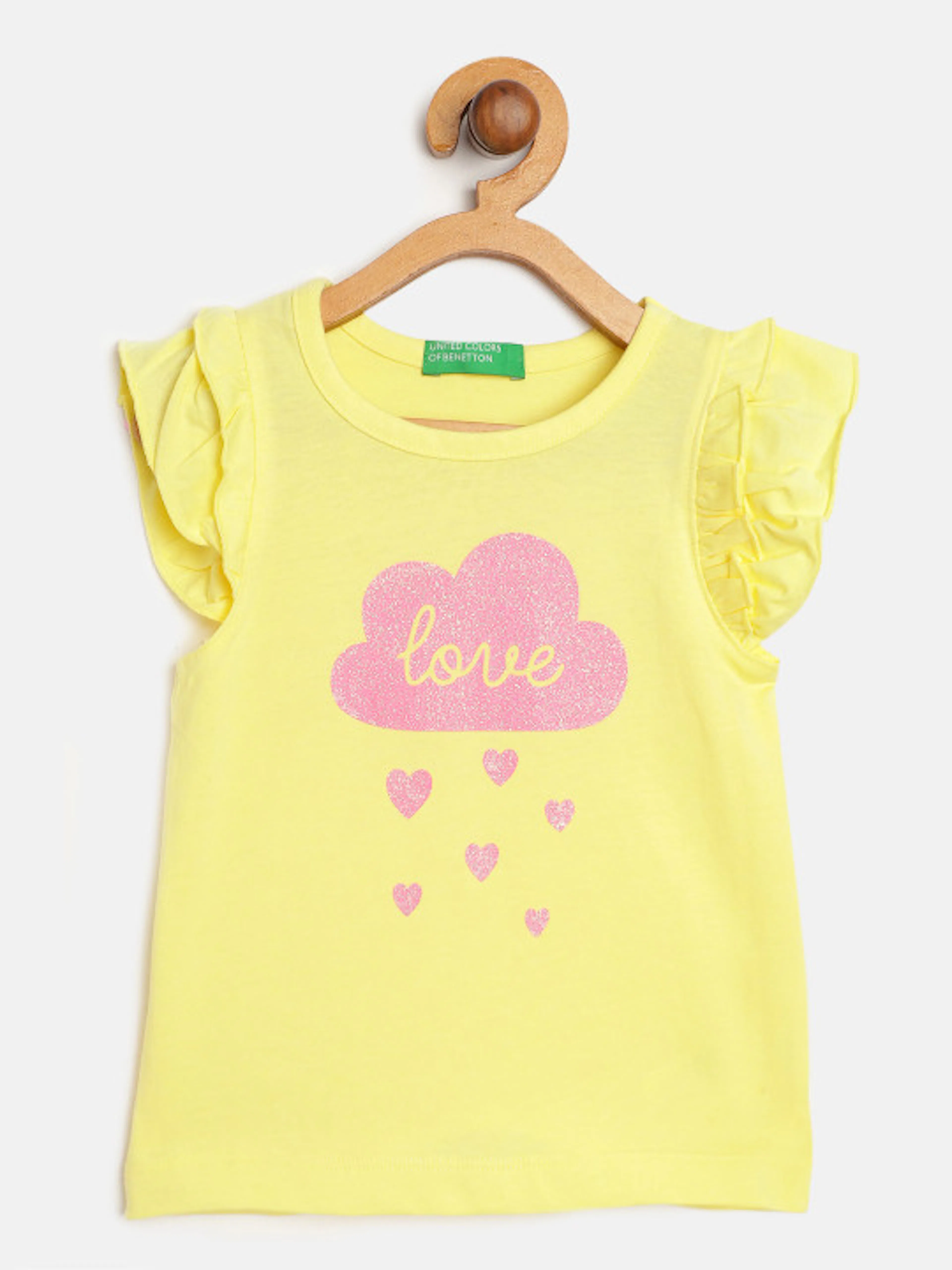 United Colors of Benetton Yellow & Pink Glitter Cloud Print Flutter Sleeves Regular Top