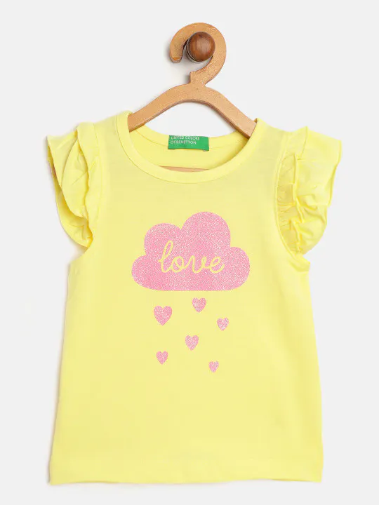 United Colors of Benetton Yellow & Pink Glitter Cloud Print Flutter Sleeves Regular Top
